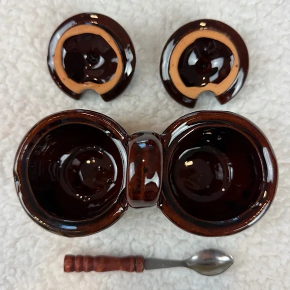 (VTG) Brown/Tan Ceramic Double Condiment Caddy Dish with Spoon - Picture 6 of 14
